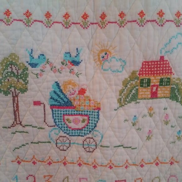 Cross Stitch Embroidered Baby Blanket, Criblet, Wall Hanging, Hand Made, 54 X 32 - Picture 3 of 10